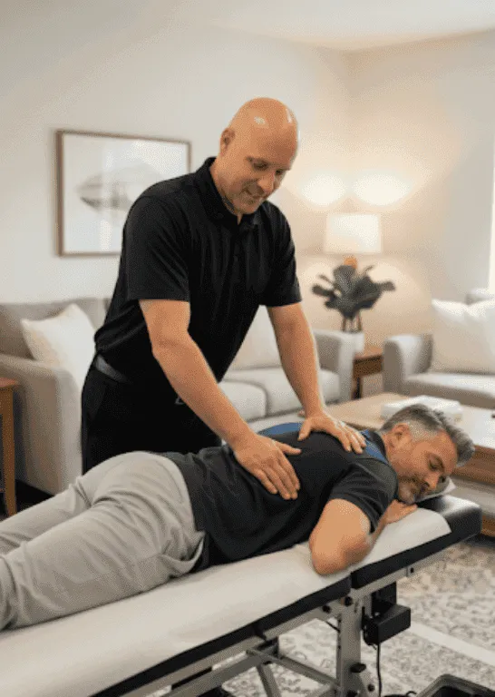 High-resolution professional photo of Dr. Derek Van Benthuysen, founder of Dr. Derek's Concierge Chiropractic, performing an in-home chiropractic adjustment session in Monmouth County, NJ.